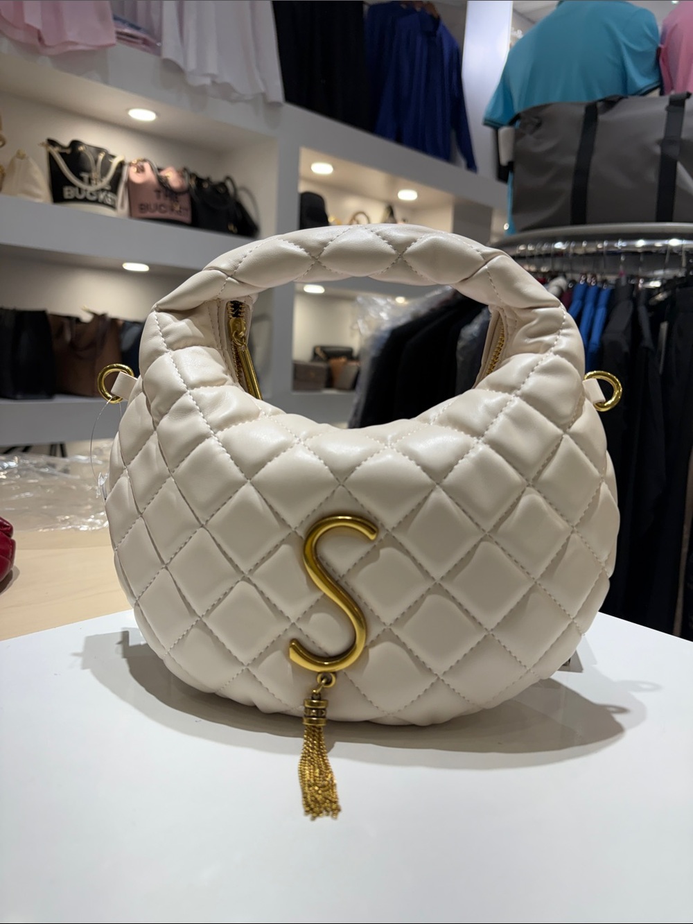 S-Embellished Quilted White Shoulder Bag - Women Bags